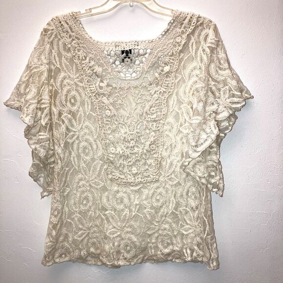 WILLI SMITH sz M Neutral Beige Lace Crochet Angel Flowy Sleeve Top Breathable - Picture 3 of 6